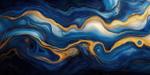 Obraz premium swirling blue and gold marbled waves with shimmering metallic veins conveying calm motion and deep oceanic energy