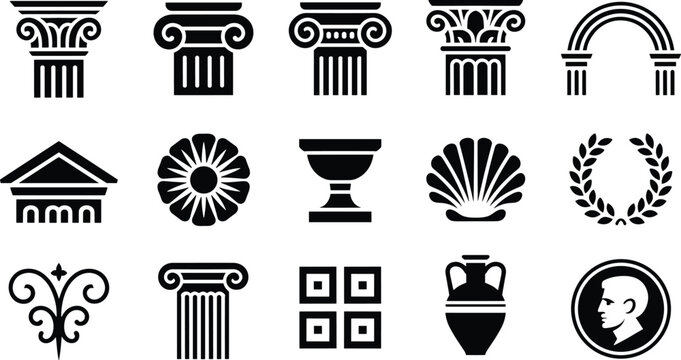 Classical architecture icons, Greek Roman design, Corinthian Ionic Doric columns, pediment arch, laurel wreath, amphora vase, rosette shell motif