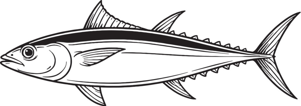 Tuna Fast Swimming Side View Clean Black And White Line Art Pelagic Fish Illustration.eps