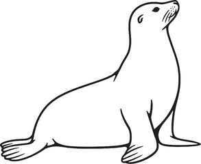 Obraz premium Sea Lion Sitting Upright Side View Black and White Line Art Marine Mammal Vector Illustration