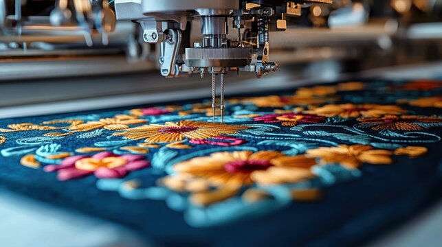 close-up of an industrial embroidery machine stitching vibrant colorful floral patterns on dark fabric conveying precision and creative craftsmanship