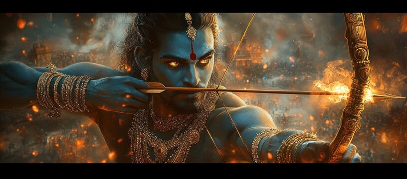 Blue-skinned archer in ornate jewelry drawing a glowing bow amid a fiery battlefield, embers and a blazing city in the background, intense focus