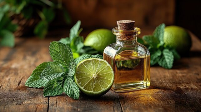 glass bottle of golden infused oil with cork beside halved lime and fresh mint leaves on rustic wooden table conveying bright zesty freshness