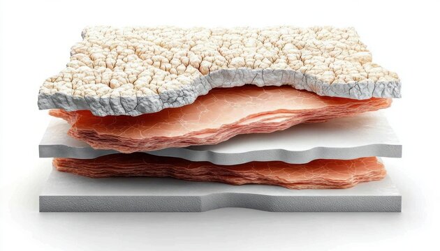 stacked cross-section of human skin showing cracked dry outer layer and fragile fleshy layers beneath, clinical and vulnerable atmosphere