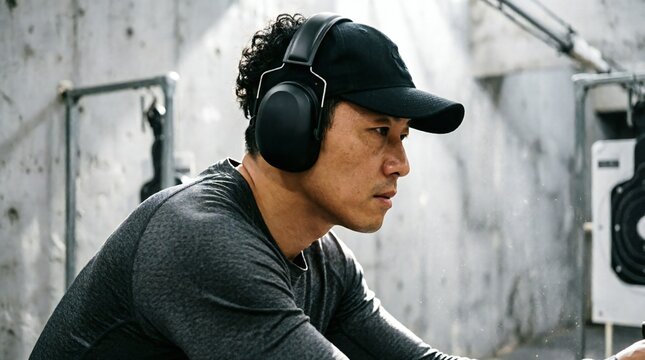 Side profile of person wearing baseball cap and hearing protection at indoor shooting range, focused expression, professional photography with dramatic lighting and shallow depth of field, monochrome 
