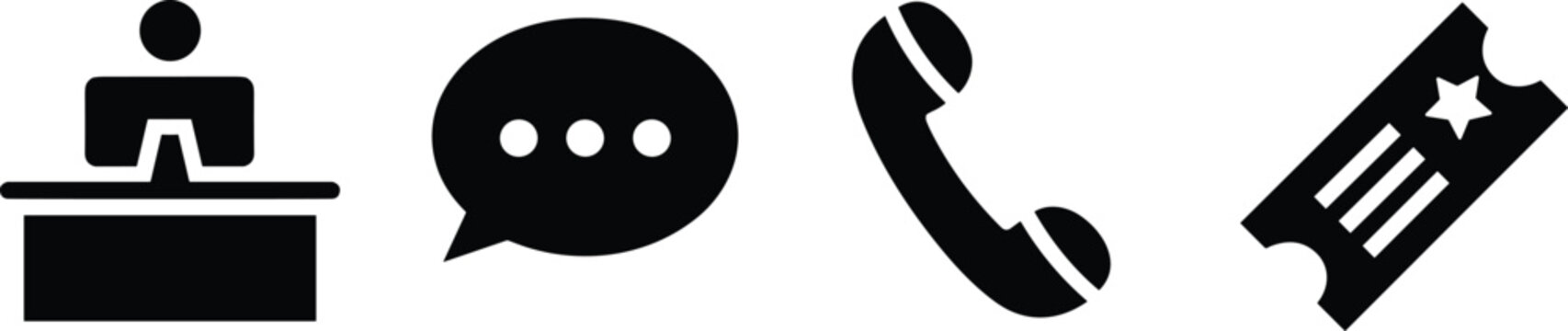 Communication icons, office work, chat bubble, phone handset, event ticket, customer service, digital interaction, business support, online messaging, entertainment access