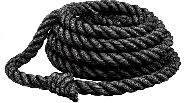 Coiled black rope isolated on white background for diverse visual projects