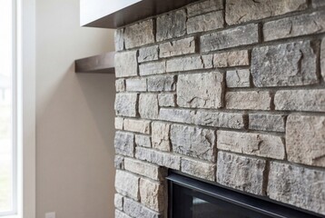 Naklejka premium Textured stacked stone fireplace wall in modern home interior