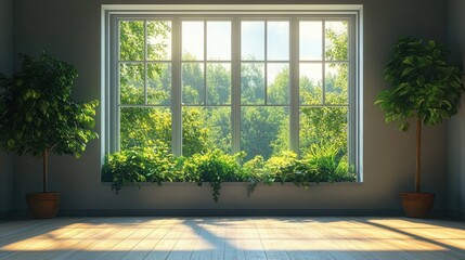 Fototapeta premium sunlit room with large paned window, lush green trees outside, indoor potted trees and windowsill plants on a wooden floor creating a calm peaceful atmosphere