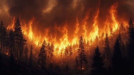 massive forest fire consuming tall pine trees with towering orange flames and thick smoke, a terrifying scene of destruction and urgency