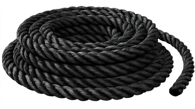 Coiled black rope on white backdrop studio shot heavy duty textured
