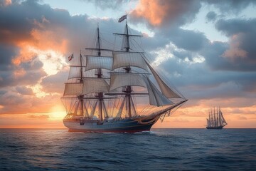 Fototapeta premium Majestic three-masted tall ship under full sails on calm sea at golden sunset with dramatic clouds and a distant sailing vessel, evoking serene nostalgic adventure