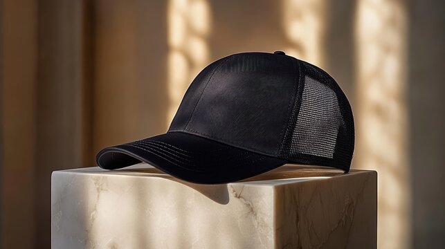 black mesh trucker cap resting on a marble pedestal bathed in warm soft light, minimalist elegant calm mood