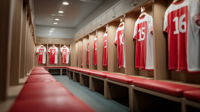 Modern professional football locker room interior with red and white benches, jerseys, and storage lockers, clean design and organized sports environment.