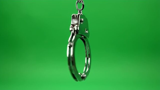 Polished metal handcuffs suspended against a vibrant green background