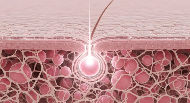 Close up 3d illustration of a human hair follicle growing from the skin surface and dermal layer