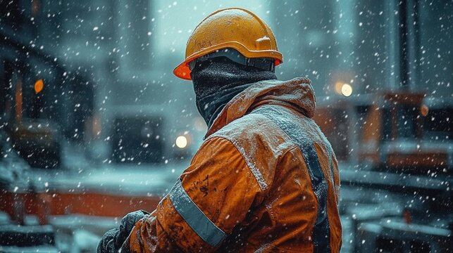 Construction worker in orange high-visibility jacket and yellow hard hat standing in falling snow at an urban site, face covered, embodying stoic resilience in harsh winter