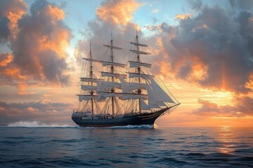 Obraz premium Majestic three-masted tall ship with full sails cutting through calm ocean waves under a golden sunset and dramatic clouds, evoking serene adventure