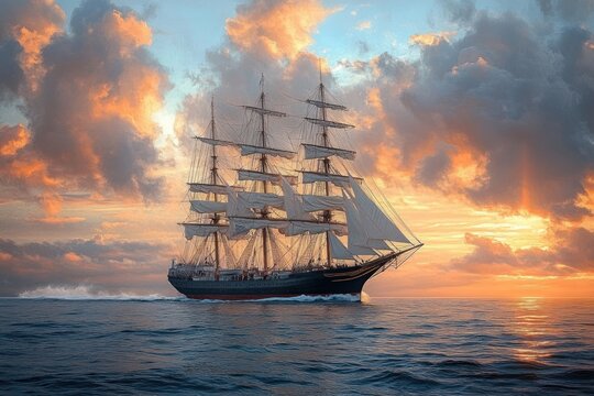 Majestic three-masted tall ship with full sails cutting through calm ocean waves under a golden sunset and dramatic clouds, evoking serene adventure
