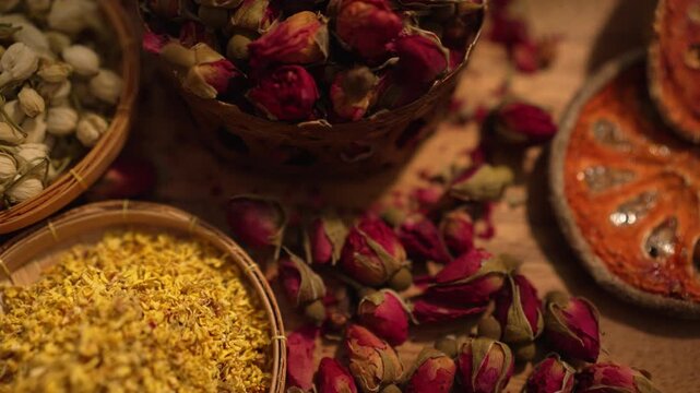 Cinematic slow zoom out and focus pull revealing a complete traditional assortment of aromatic dried herbal and floral teas in wicker baskets with soft natural light.