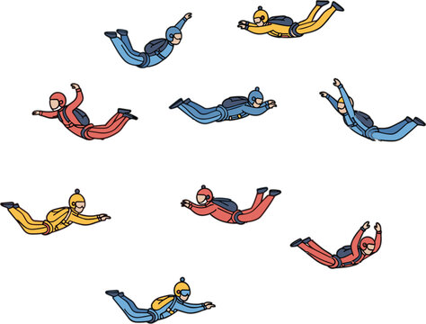 vector collection of professional skydivers in colorful jumpsuits performing freefall maneuvers isolated on white background