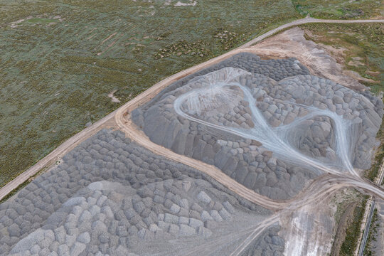 Aerial view of huge piles of crushed limestone prior to processing for cement manufacturing