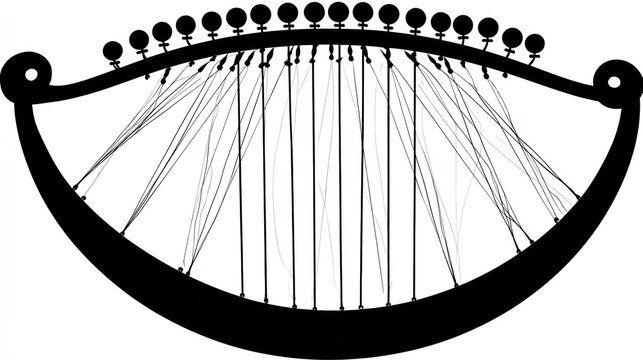 Silhouette of a musical harp instrument with strings and tuning pegs