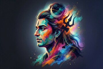Fototapeta premium An 8K artistic spiritual illustration featuring a side-profile portrait inspired by divine symbolism, with vibrant paint textures, trident and crescent moon motifs, set against a deep gradient