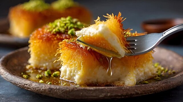Middle Eastern dessert with sweet cheese, crispy pastry, and pistachio 
