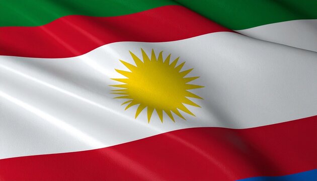 The Kurdistan flag with red, white, and green stripes and a radiant yellow sun emblem, symbolizing identity, resilience, peace, and the cultural spirit of the Kurdish people.