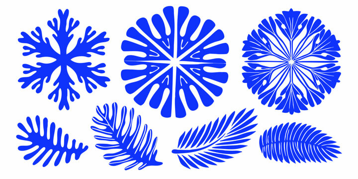 Abstract botanical illustrations of stylized leaves in vibrant blue tones