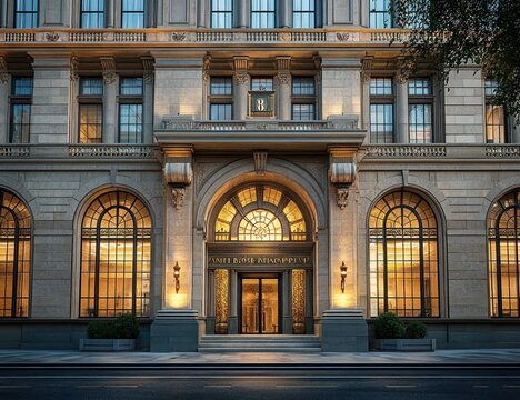 ornate stone neoclassical building entrance with arched glass windows, grand steps, glowing golden interior light, lanterns and symmetrical classical details conveying stately welcoming elegance