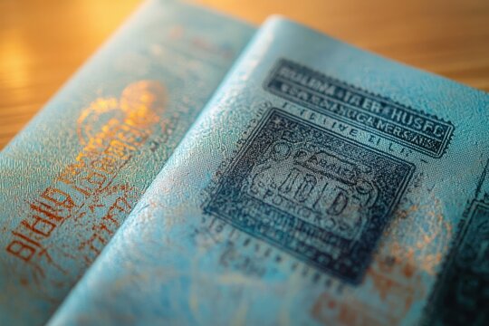 Close-up of blue passport pages with dark visa stamp and intricate security patterns, conveying travel excitement and wanderlust
