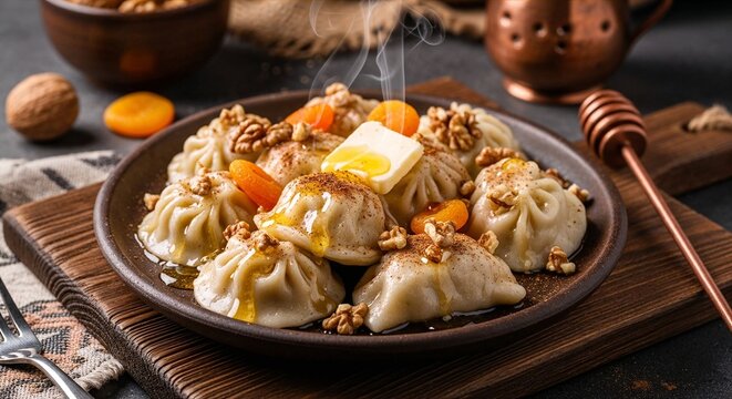 Chechen sweet zhizhig galnash dumplings with honey and butter styled in rustic ceramic dish