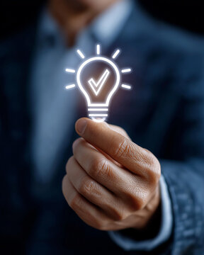 Illuminating Idea: A close-up shot of a hand holding a glowing lightbulb, an idea marked by a check mark, symbolizes a good idea in action. Emphasizing creativity, inspiration, and innovation.