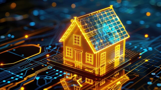 Glowing digital house model sits on a circuit board, symbolizing smart home tech