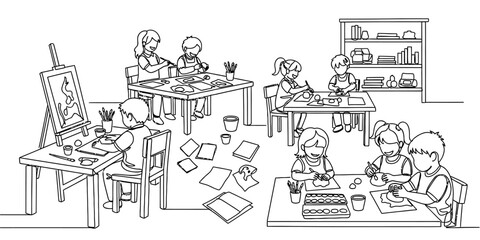 Obraz premium Continuous Line Drawing of Children Painting and Crafting in Art Class