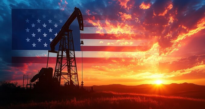 Silhouetted oil pumpjack on grassy plain at fiery sunset with translucent american flag overlay, conveying patriotic intensity and contemplative tension