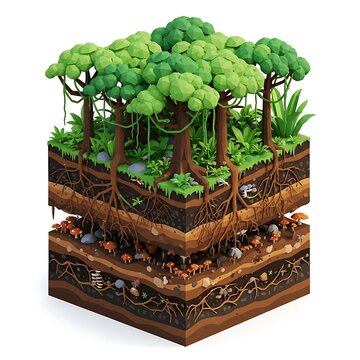 Cross-section of a lush forest ecosystem showcasing vibrant plant life and intricate underground root systems with diverse fungi