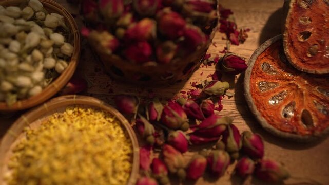 Cinematic rack focus from blurred to sharp on top view of dried rose buds, jasmine, and osmanthus with bael fruit slices on a rustic wooden table for a wellness tea ritual.