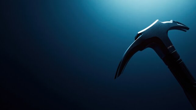 Ice ax on dark background, dramatic lighting, deep blues and shadows, mysterious