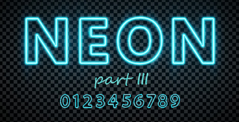 Fototapeta premium Cyan font made with led neon tube isolated on transparent background. Part 3 Light glowing effect numbers. Detailed vector illustration