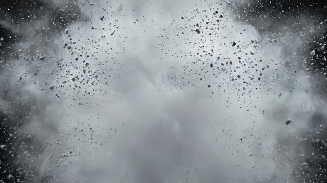 A cloud of white particles explodes outwards against a dark background, creating a dynamic, starburst effect