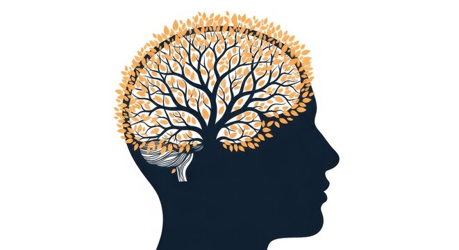 A creative illustration of a human head with a tree growing inside the brain