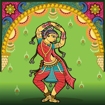 Indian Folk art Pattachitra  dancing Lady in a Elegant Pose