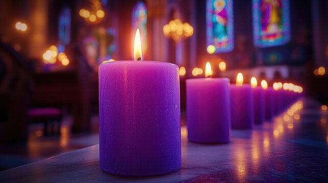 Glowing purple votive candles in a church aisle with stained glass and warm chandelier light, peaceful reverent atmosphere