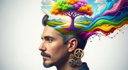 Naklejka premium Man with colorful tree growing out of head and rainbow gears