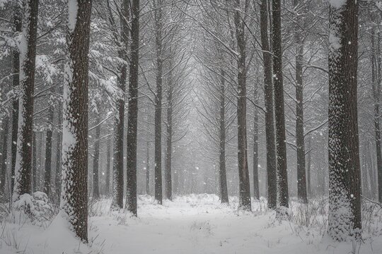 Serene winter forest with snow falling through tall straight trees and a quiet snow-covered path