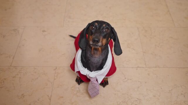 Top view of black dachshund in a red and white coat, sitting on a light tiled floor, looking up with pitiful eyes. The composition is neat, with the pet at the center against a simple background.