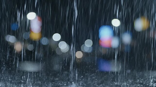 Abstract streaks of rain falling against a blurry backdrop of colorful city lights